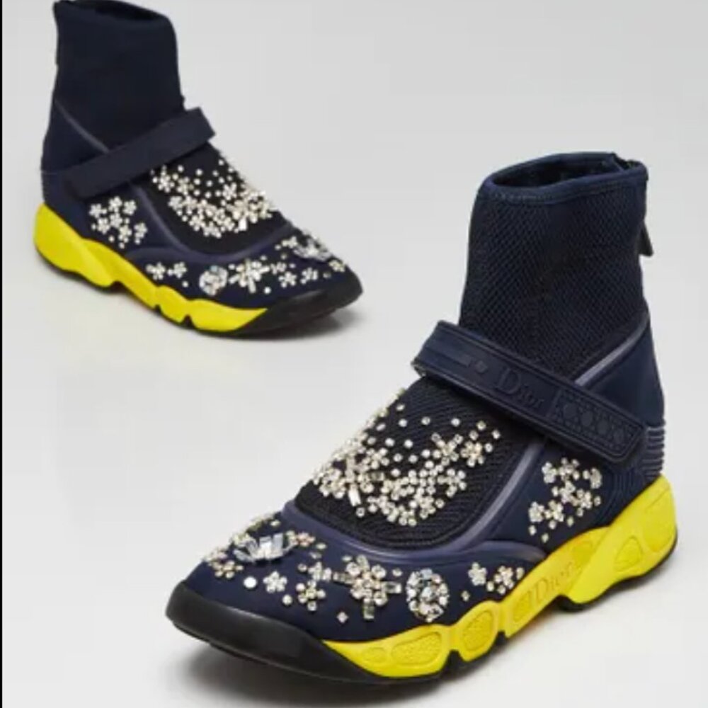 Dior Navy and Yellow Technical Fabric Embellished High Top Sneakers EU 39